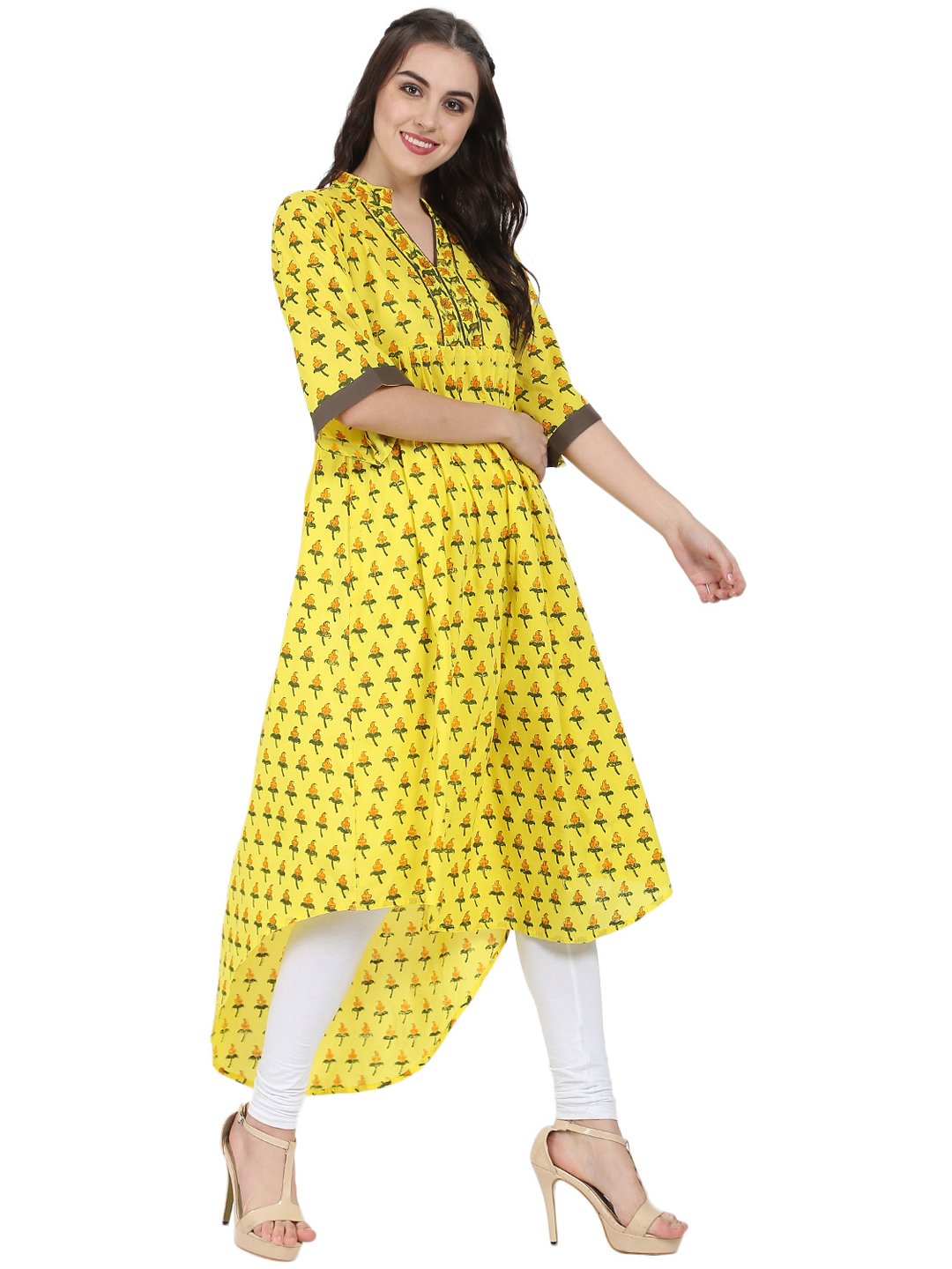 Yellow Printed Half Sleeve Cotton Anarkali Kurta | LASVINI - Redefining Indian Fashion with Elegance