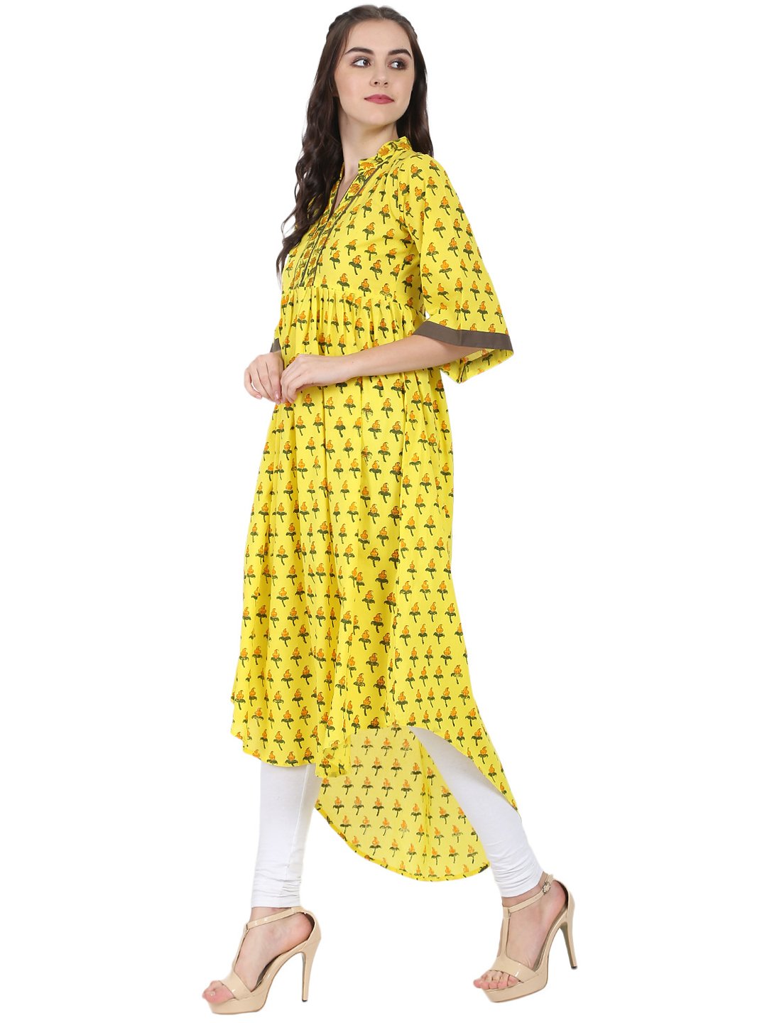 Yellow Printed Half Sleeve Cotton Anarkali Kurta | LASVINI - Redefining Indian Fashion with Elegance
