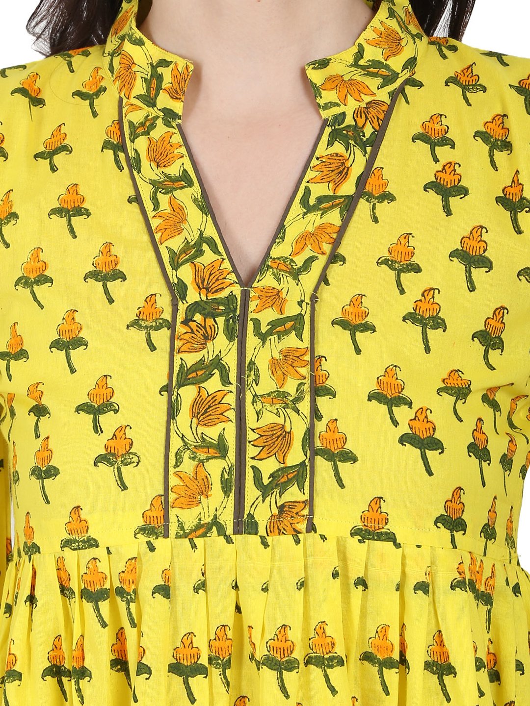 Yellow Printed Half Sleeve Cotton Anarkali Kurta | LASVINI - Redefining Indian Fashion with Elegance