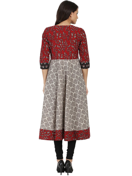 Black Printed 3/4Th Sleeve Double Layer Cotton Anarkali Kurta | LASVINI - Redefining Indian Fashion with Elegance