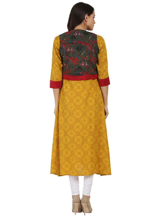 Yellow Printed 3/4Th Sleeve Rayon Anarkali Kurta With Blue Printed Jacket | LASVINI - Redefining Indian Fashion with Elegance