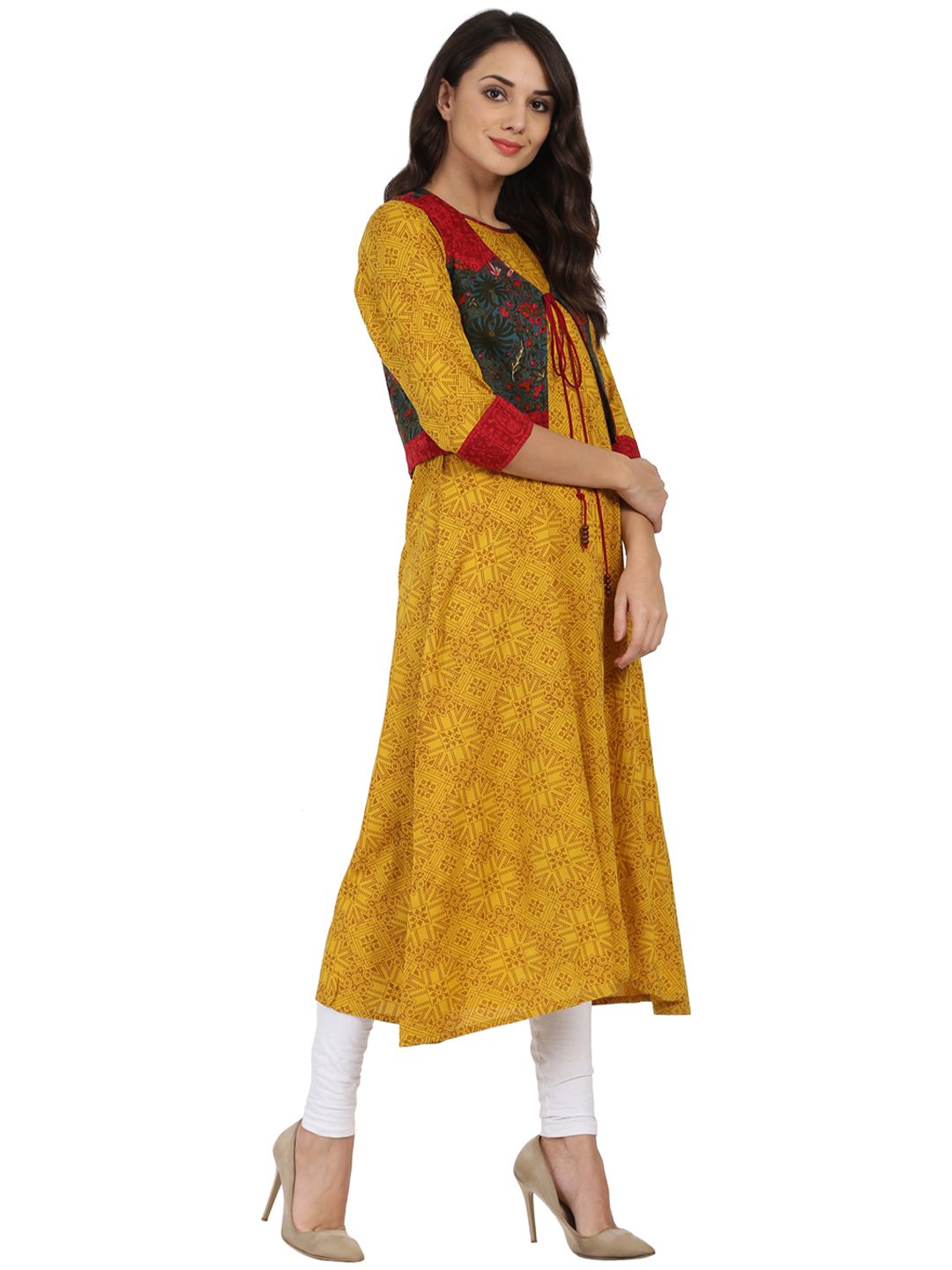 Yellow Printed 3/4Th Sleeve Rayon Anarkali Kurta With Blue Printed Jacket | LASVINI - Redefining Indian Fashion with Elegance