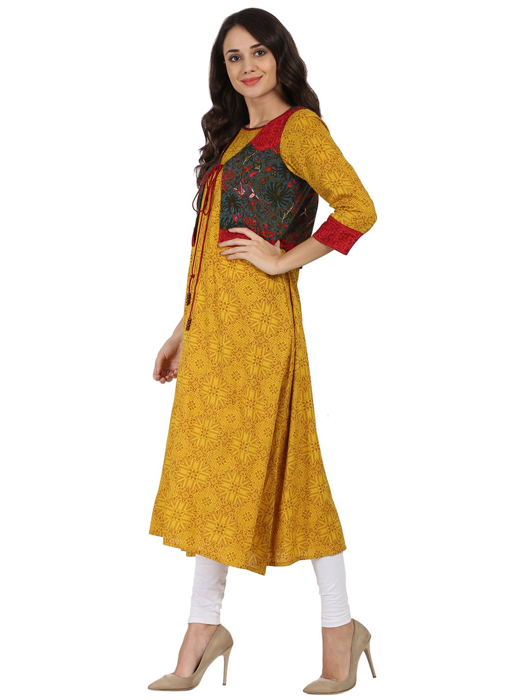 Yellow Printed 3/4Th Sleeve Rayon Anarkali Kurta With Blue Printed Jacket | LASVINI - Redefining Indian Fashion with Elegance