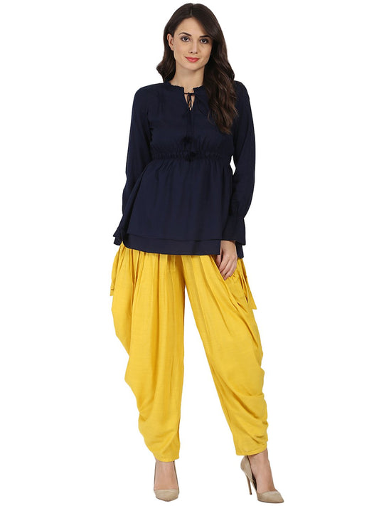 Yellow Rayon Slub Ankle Length Pleated Dhoti | LASVINI - Redefining Indian Fashion with Elegance