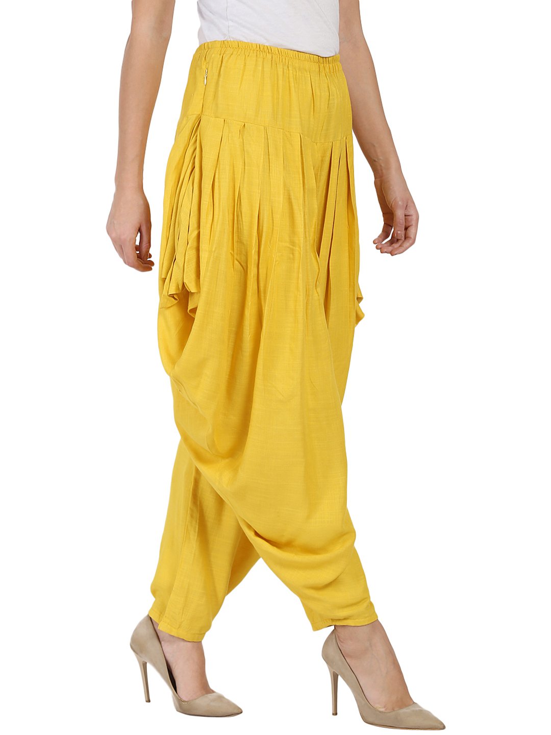 Yellow Rayon Slub Ankle Length Pleated Dhoti | LASVINI - Redefining Indian Fashion with Elegance