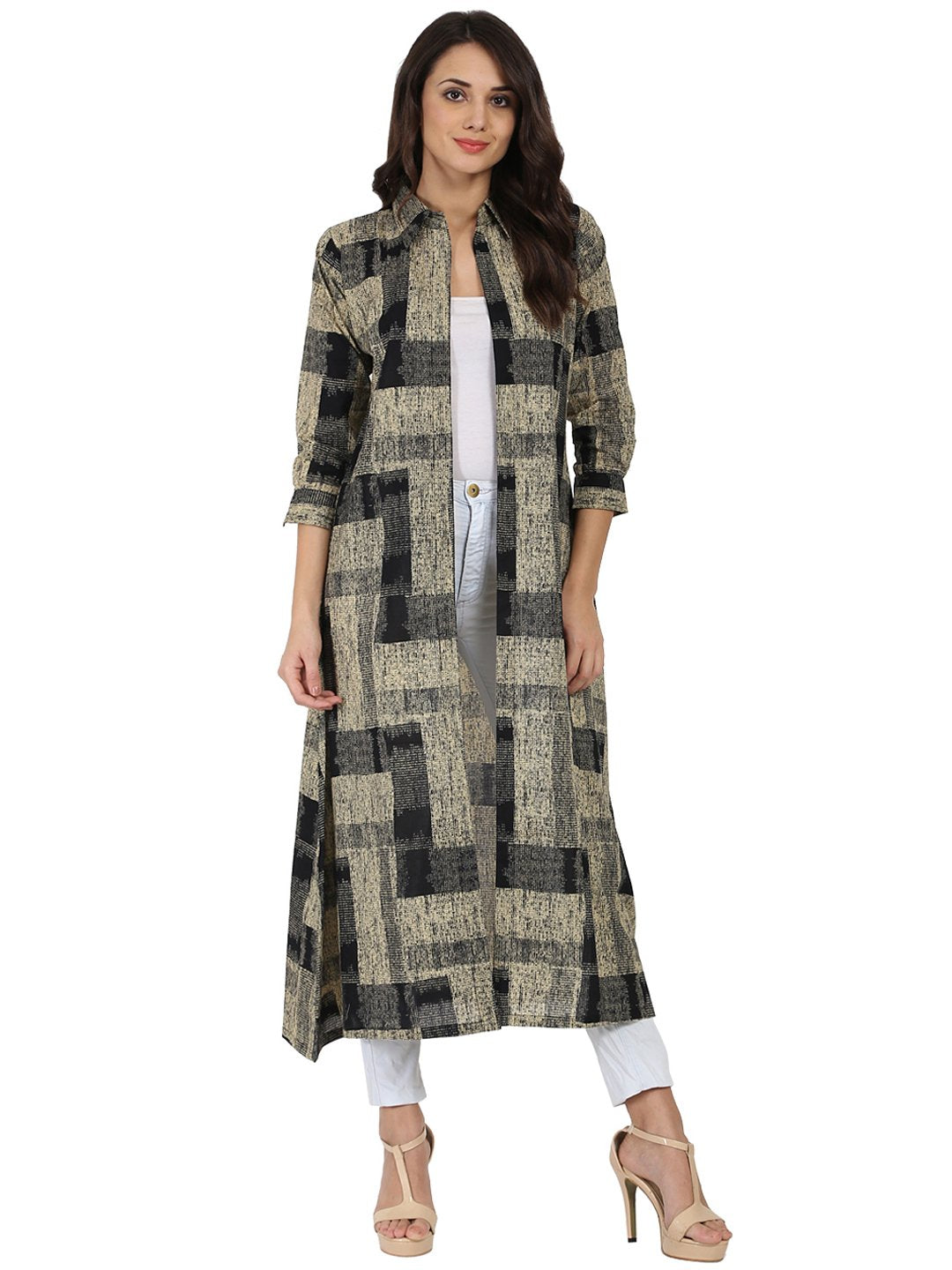Beige & Black Printed 3/4Th Sleeve Cotton Cape Kurta With Front Open | LASVINI - Redefining Indian Fashion with Elegance