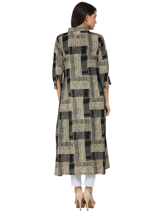 Beige & Black Printed 3/4Th Sleeve Cotton Cape Kurta With Front Open | LASVINI - Redefining Indian Fashion with Elegance