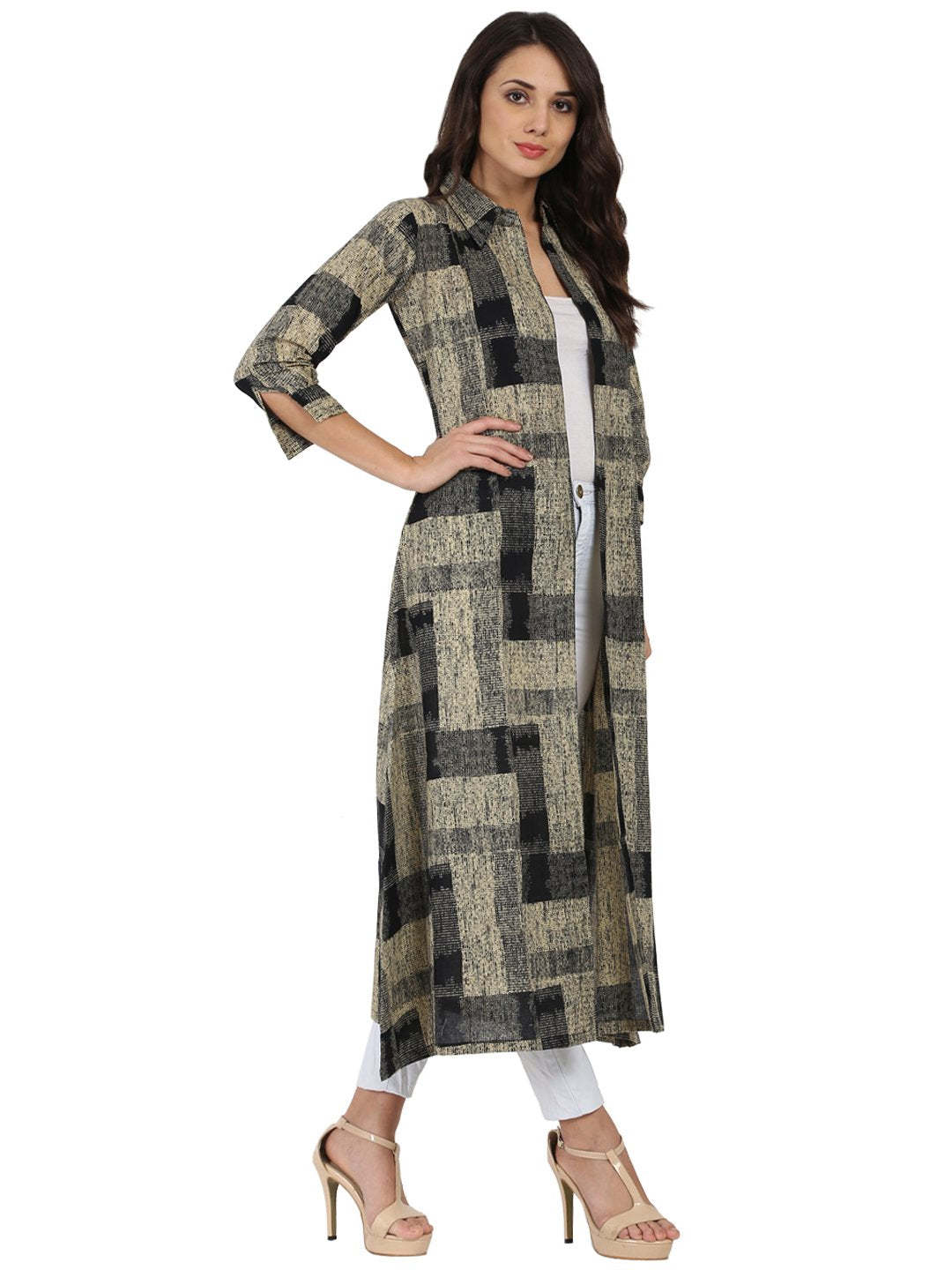 Beige & Black Printed 3/4Th Sleeve Cotton Cape Kurta With Front Open | LASVINI - Redefining Indian Fashion with Elegance