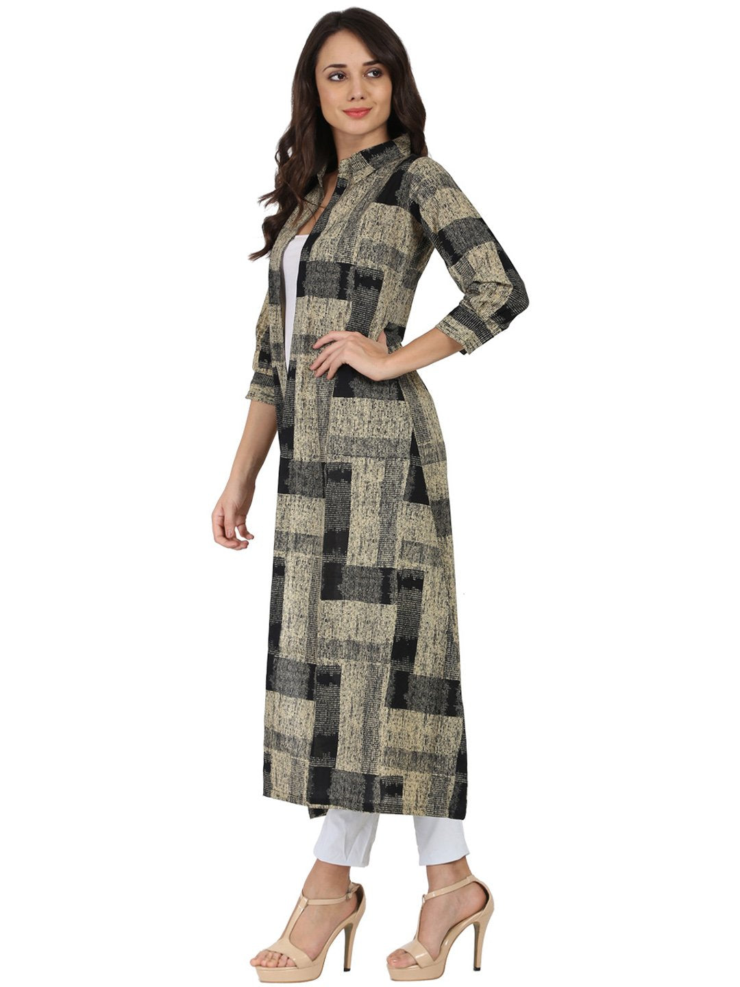 Beige & Black Printed 3/4Th Sleeve Cotton Cape Kurta With Front Open | LASVINI - Redefining Indian Fashion with Elegance