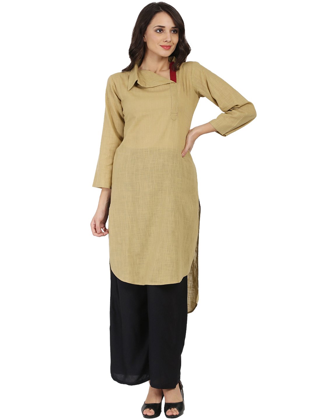 Beige 3/4Th Sleeve Cotton Slub Straight Kurta | LASVINI - Redefining Indian Fashion with Elegance