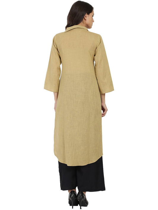 Beige 3/4Th Sleeve Cotton Slub Straight Kurta | LASVINI - Redefining Indian Fashion with Elegance