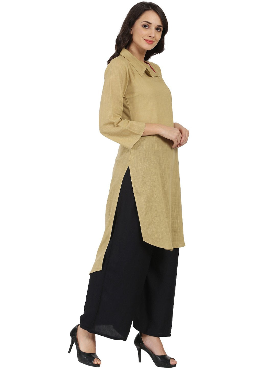 Beige 3/4Th Sleeve Cotton Slub Straight Kurta | LASVINI - Redefining Indian Fashion with Elegance
