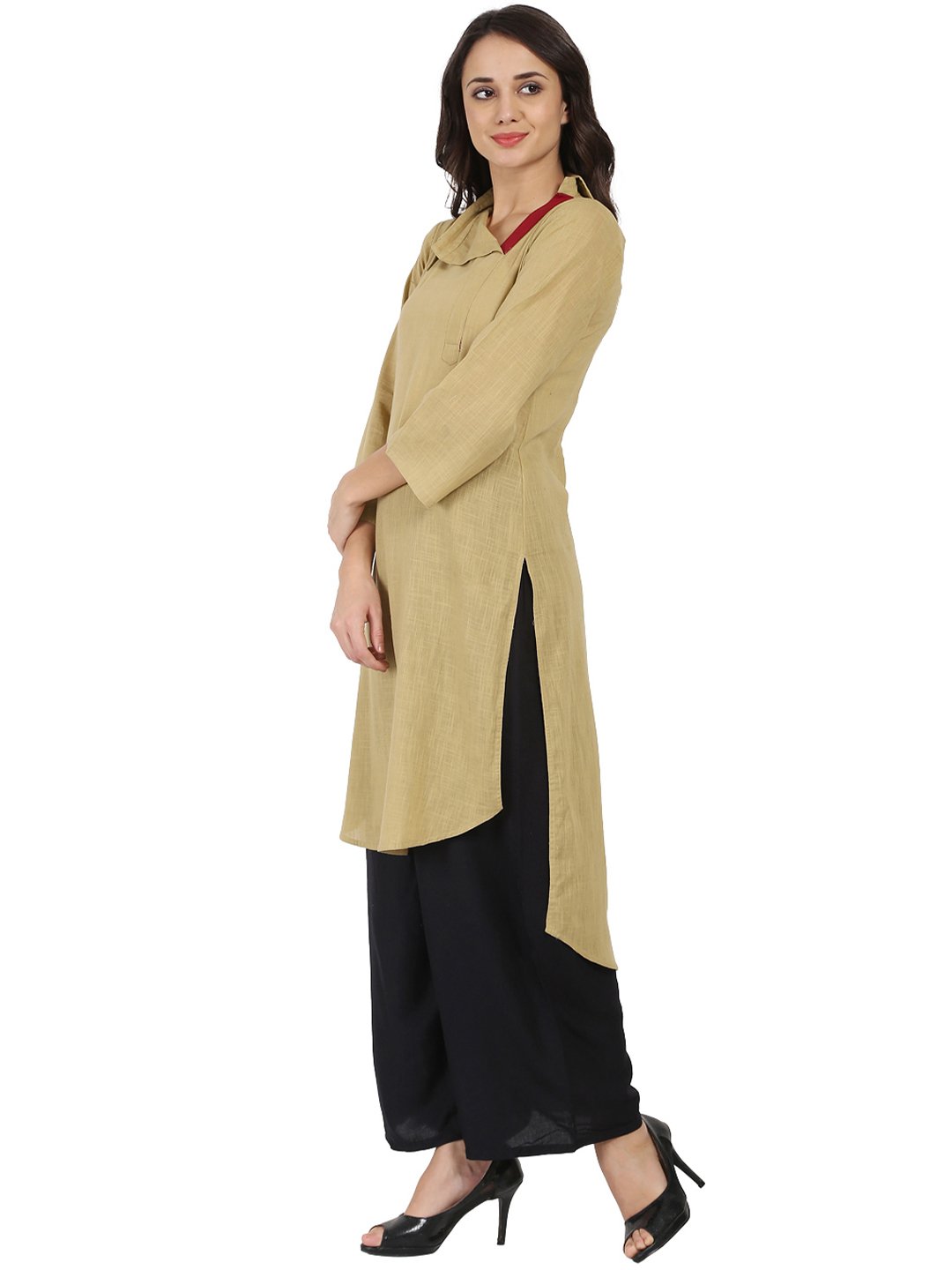 Beige 3/4Th Sleeve Cotton Slub Straight Kurta | LASVINI - Redefining Indian Fashion with Elegance