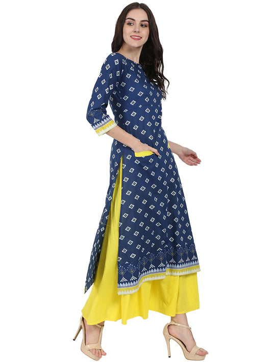 Blue Printed 3/4Th Sleeve Cotton Double Pocket Kurta With Yellow Flared Ankle Length Skirt | LASVINI - Redefining Indian Fashion with Elegance