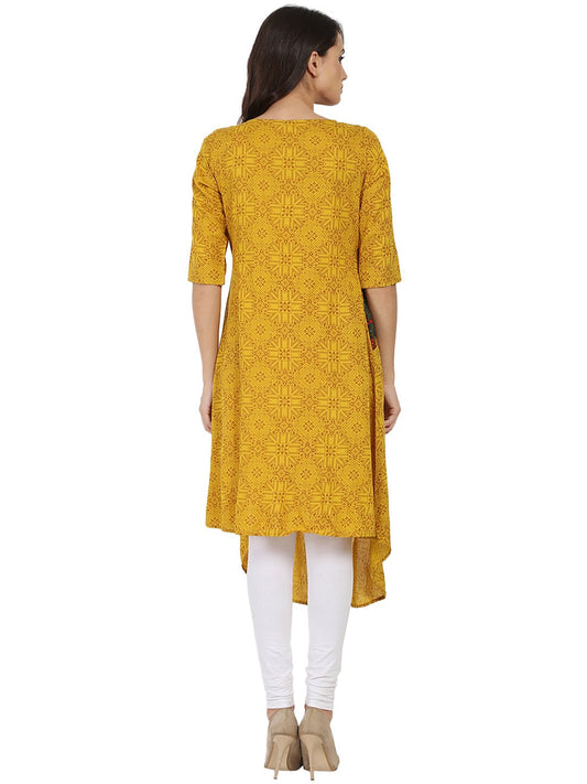 Yellow Printed Half Sleeve Rayon A-Line Kurta | LASVINI - Redefining Indian Fashion with Elegance