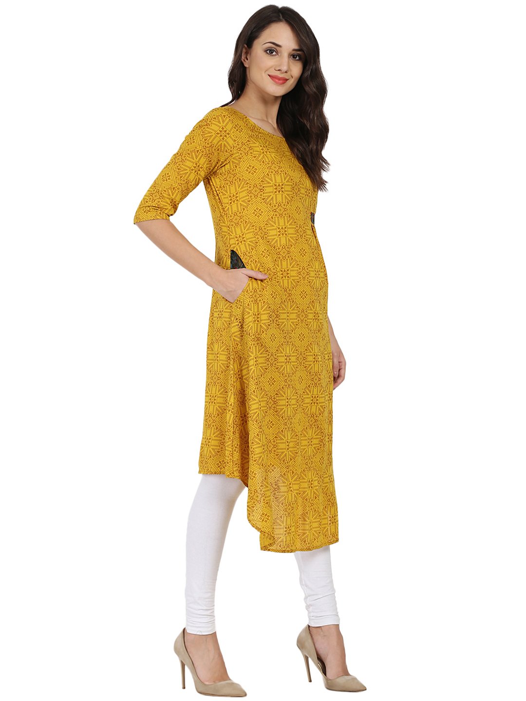 Yellow Printed Half Sleeve Rayon A-Line Kurta | LASVINI - Redefining Indian Fashion with Elegance