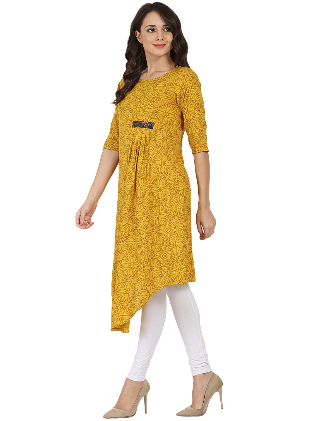 Yellow Printed Half Sleeve Rayon A-Line Kurta | LASVINI - Redefining Indian Fashion with Elegance