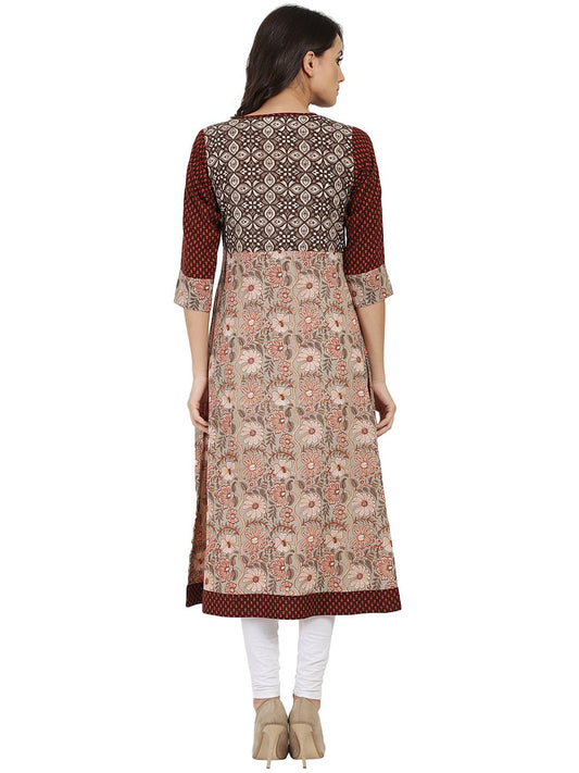 Brown Printed 3/4Th Sleeve Cotton A-Line Kurta | LASVINI - Redefining Indian Fashion with Elegance