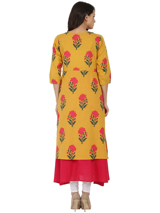 Mustard & Pink Printed 3/4Th Sleeve Cotton Double Layer Kurta | LASVINI - Redefining Indian Fashion with Elegance