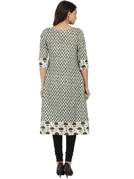 Off White Printed 3/4Th Sleeve Cotton A-Line Kurta | LASVINI - Redefining Indian Fashion with Elegance