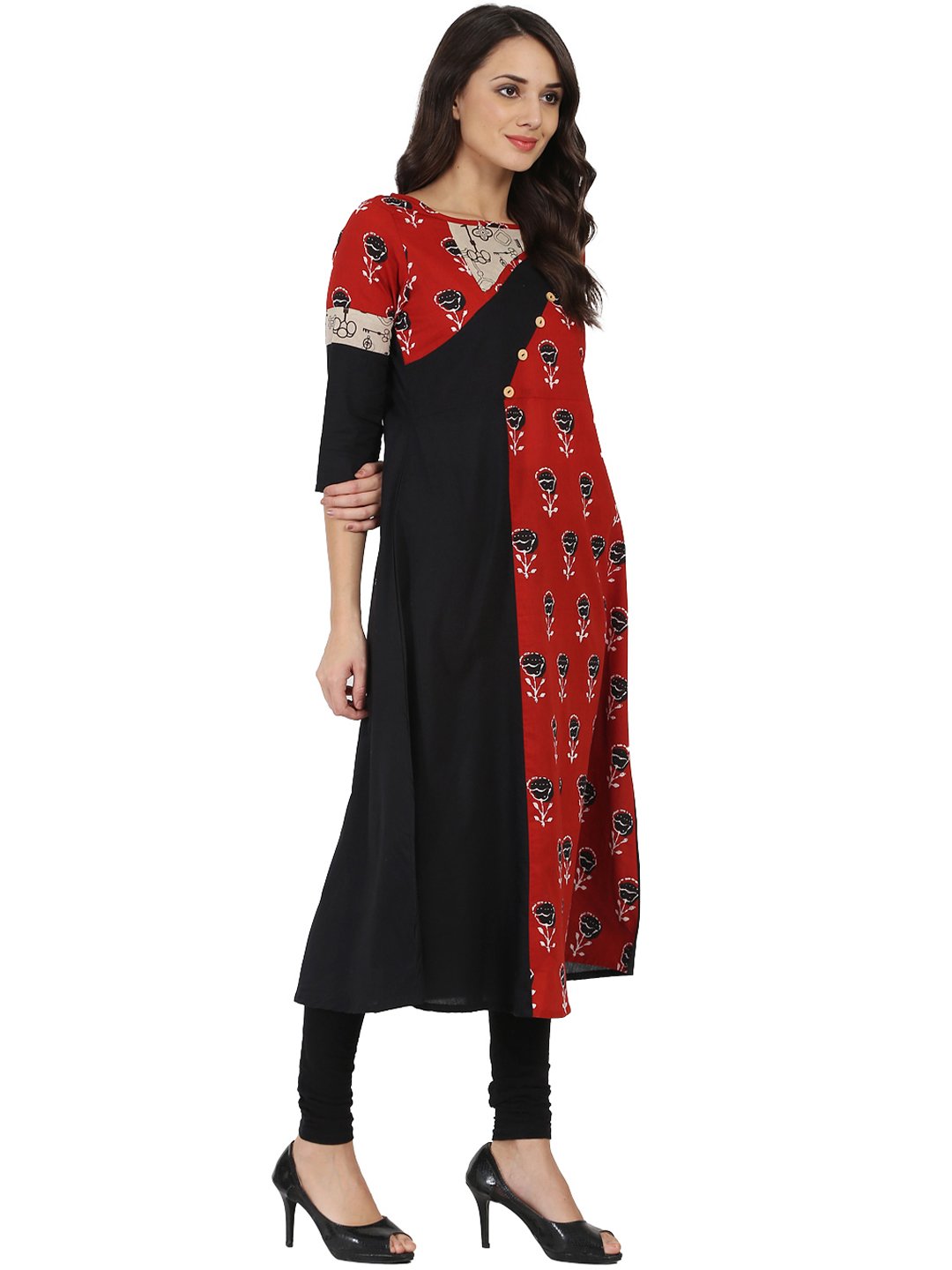 Black & Red Printed Half Sleeve Cotton A-Line Kurta | LASVINI - Redefining Indian Fashion with Elegance
