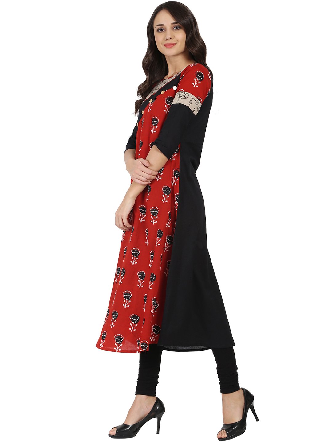 Black & Red Printed Half Sleeve Cotton A-Line Kurta | LASVINI - Redefining Indian Fashion with Elegance