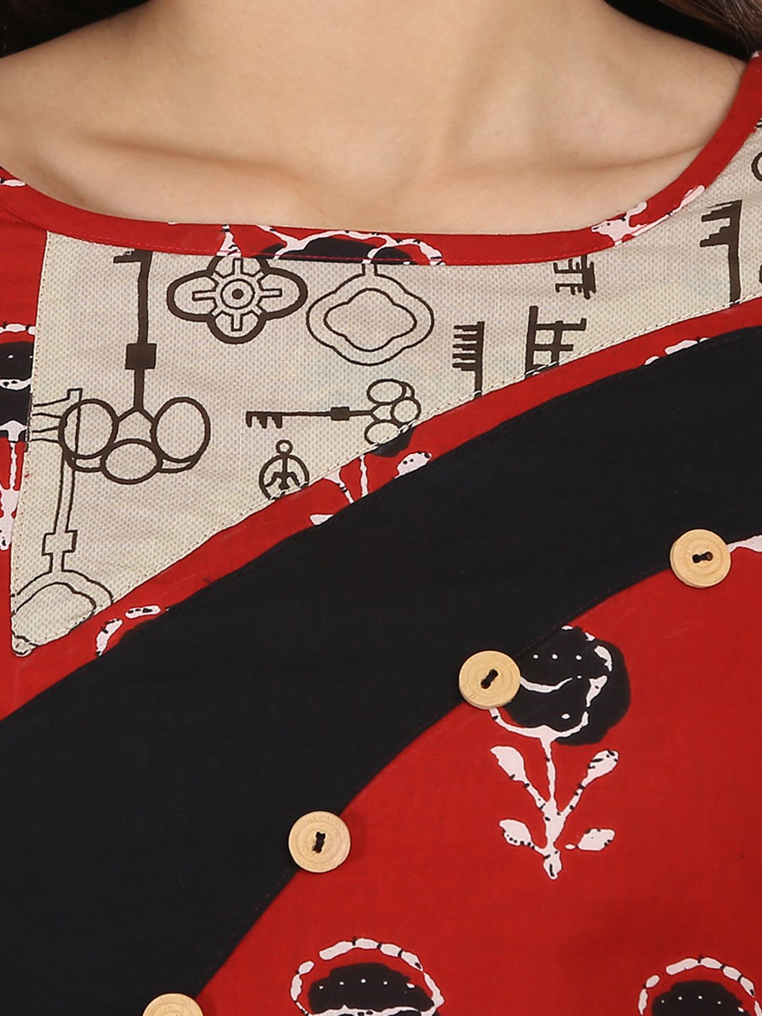 Black & Red Printed Half Sleeve Cotton A-Line Kurta | LASVINI - Redefining Indian Fashion with Elegance