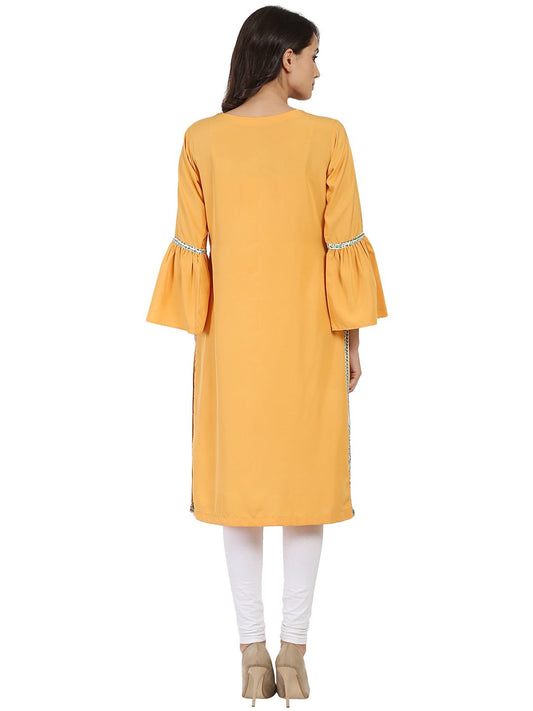 Yellow 3/4Th Sleeve Crepe Kurta With Dori Work At Yoke | LASVINI - Redefining Indian Fashion with Elegance
