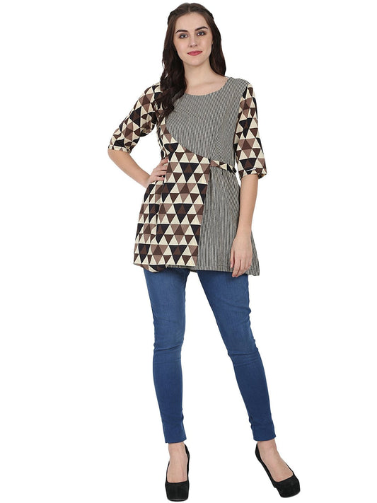 Beige Printed 3/4Th Sleeve Cotton Layered Tunic | LASVINI - Redefining Indian Fashion with Elegance