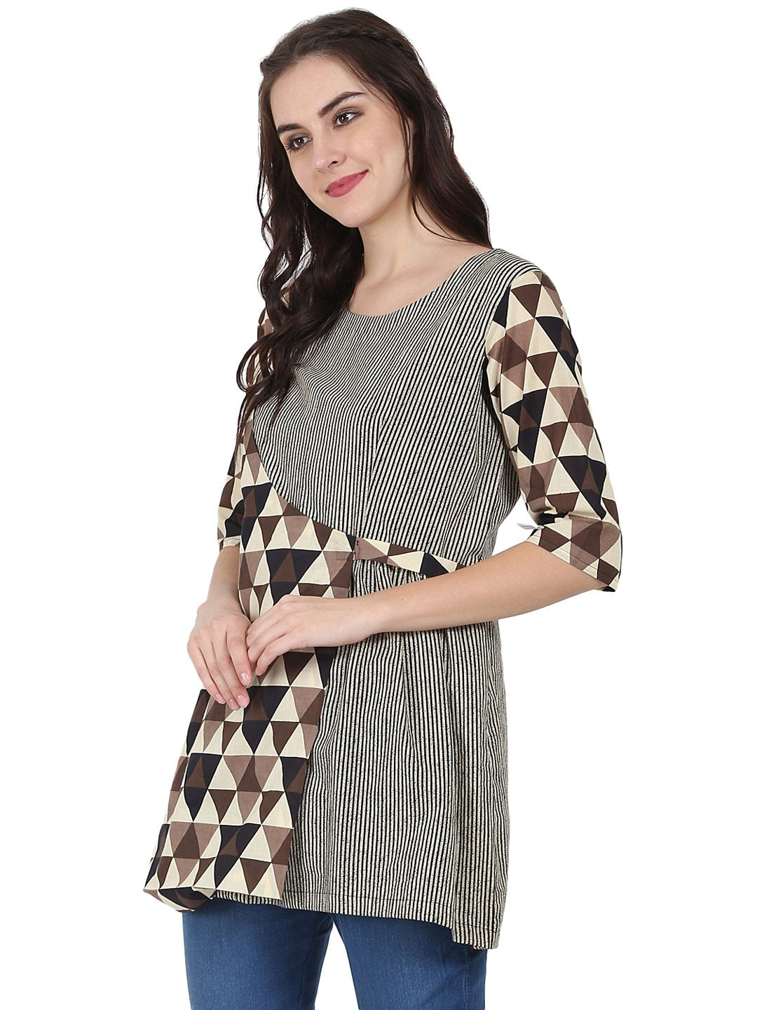 Beige Printed 3/4Th Sleeve Cotton Layered Tunic | LASVINI - Redefining Indian Fashion with Elegance