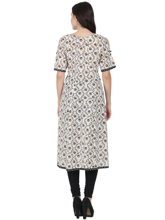 Off White Printed Half Sleeve Cotton Low High Kurta | LASVINI - Redefining Indian Fashion with Elegance