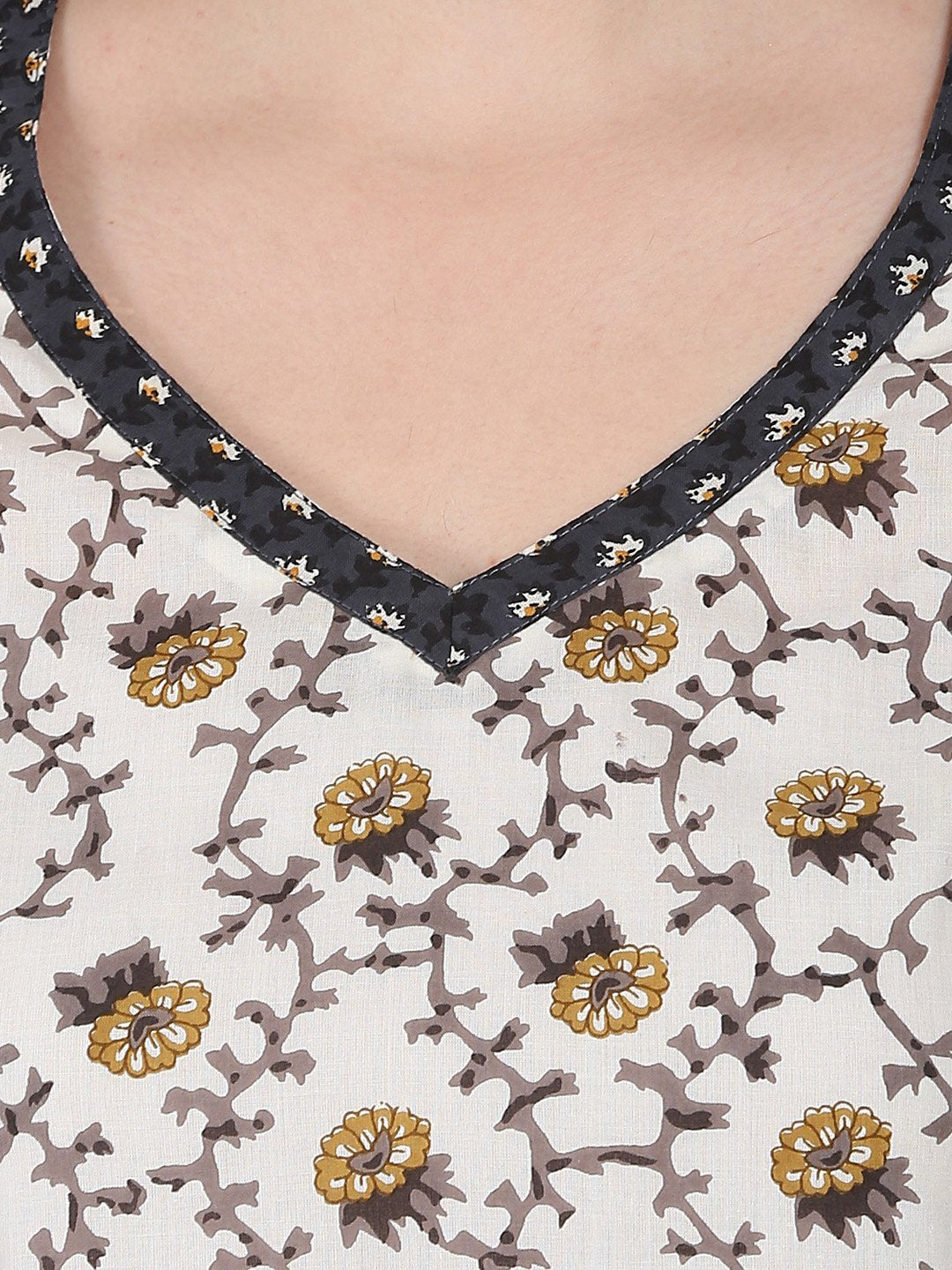 Off White Printed Half Sleeve Cotton Low High Kurta | LASVINI - Redefining Indian Fashion with Elegance