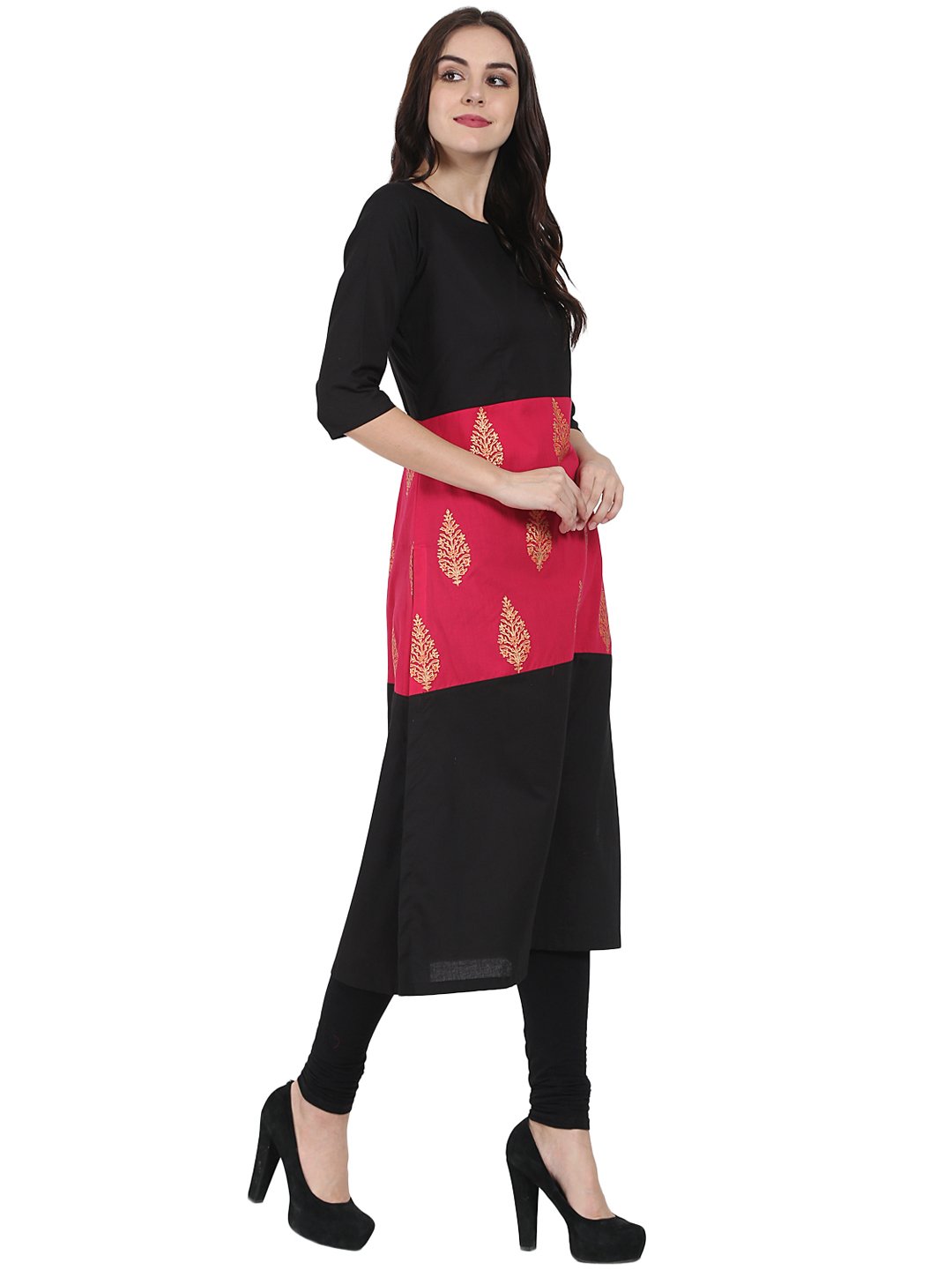 Black & Red Printed 3/4Th Sleeve Cotton Kurta | LASVINI - Redefining Indian Fashion with Elegance