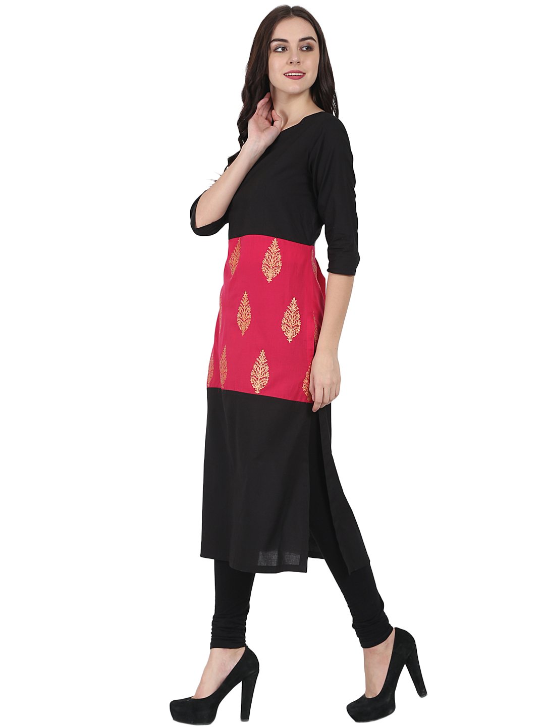Black & Red Printed 3/4Th Sleeve Cotton Kurta | LASVINI - Redefining Indian Fashion with Elegance