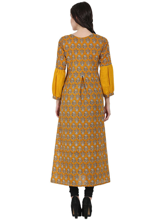 Yellow Printed Full Sleeve Cotton A-Line Kurta With Centre Slit | LASVINI - Redefining Indian Fashion with Elegance