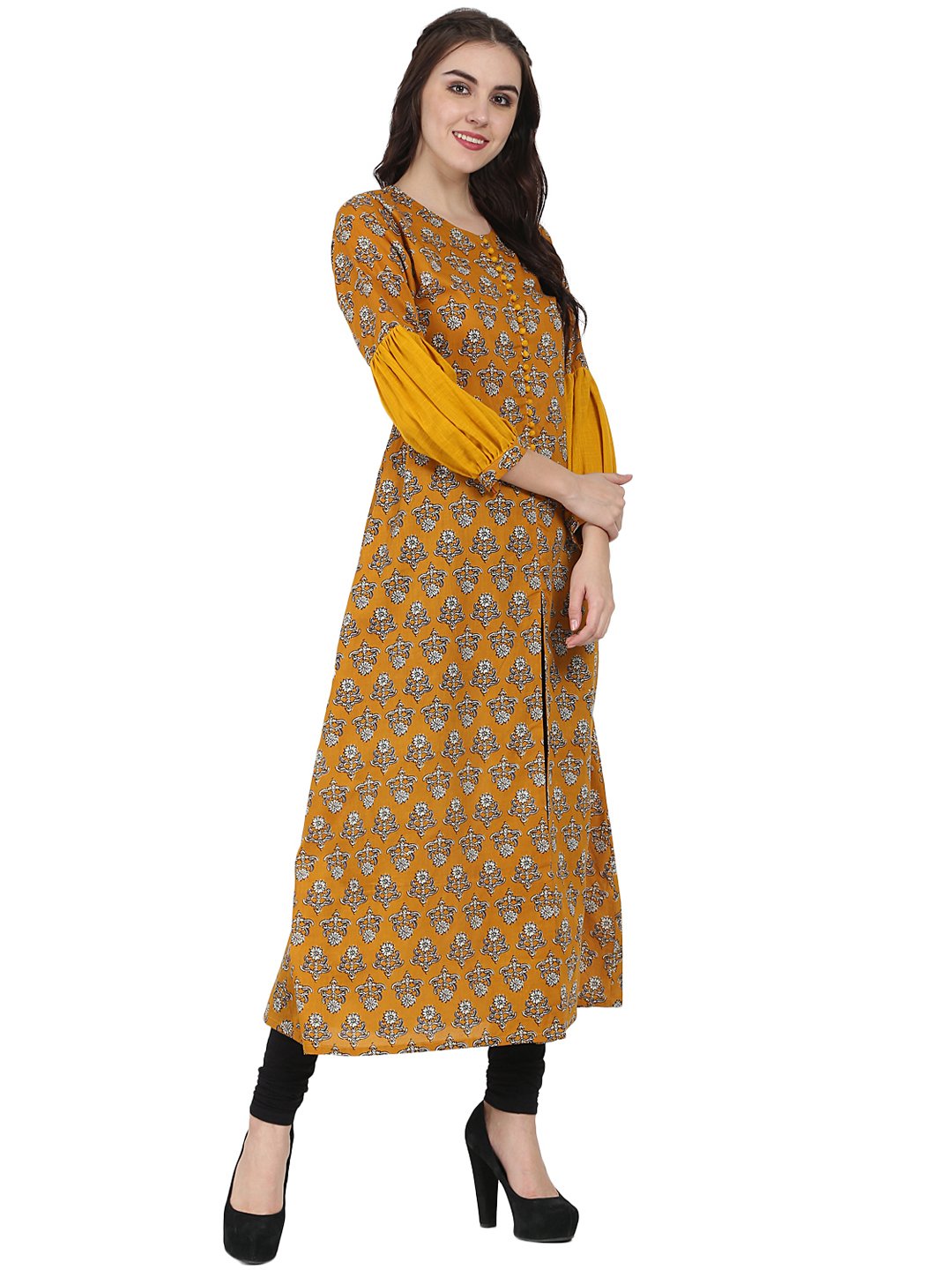 Yellow Printed Full Sleeve Cotton A-Line Kurta With Centre Slit | LASVINI - Redefining Indian Fashion with Elegance