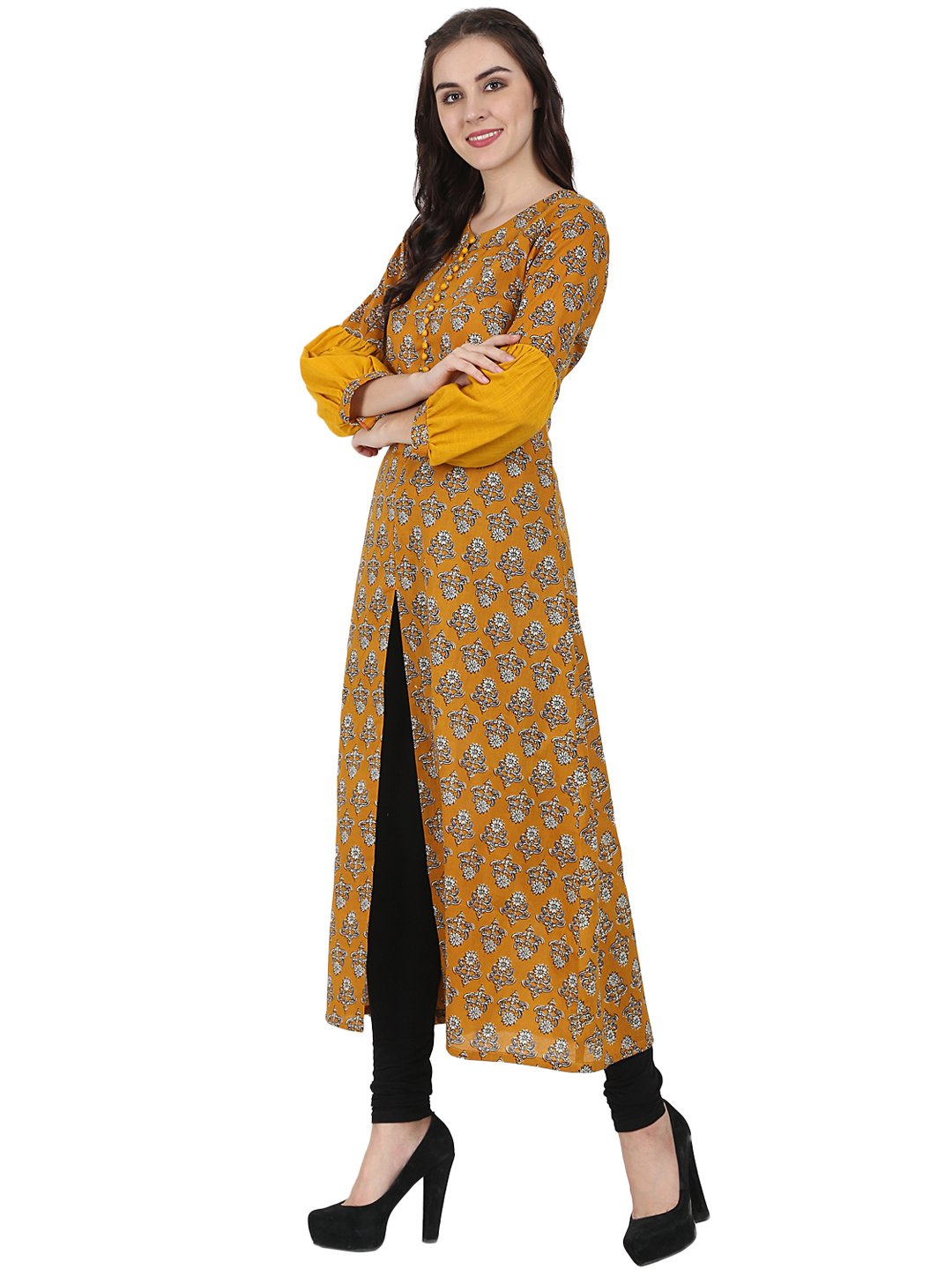 Yellow Printed Full Sleeve Cotton A-Line Kurta With Centre Slit | LASVINI - Redefining Indian Fashion with Elegance