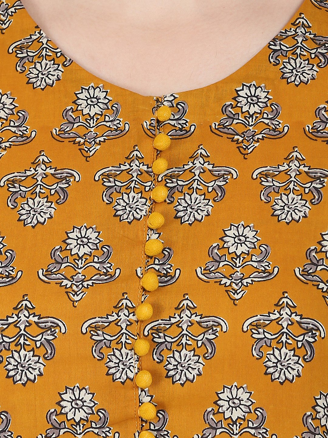 Yellow Printed Full Sleeve Cotton A-Line Kurta With Centre Slit | LASVINI - Redefining Indian Fashion with Elegance