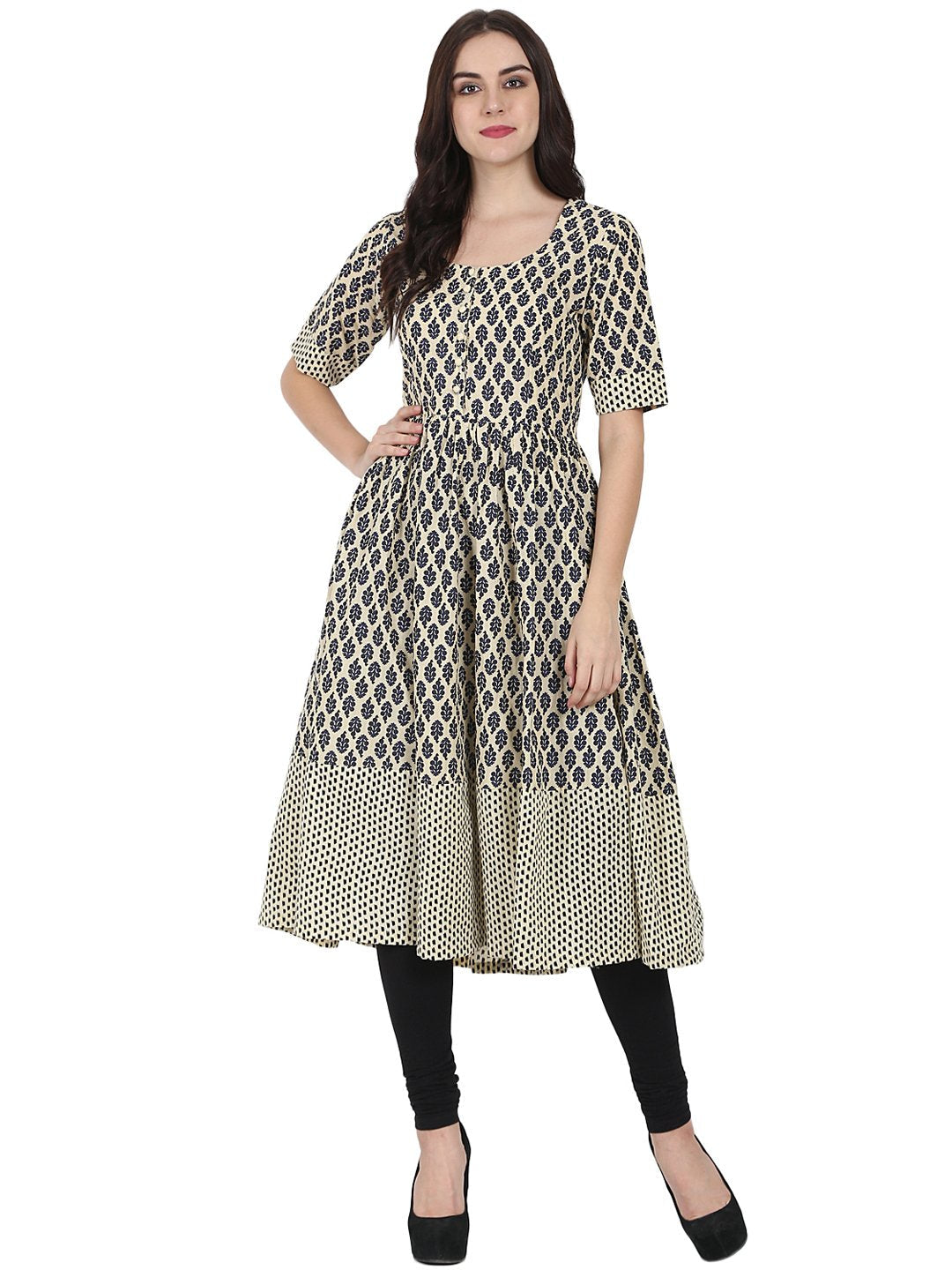 Beige & Blue Printed Half Sleeve Cotton Anarkali Kurta | LASVINI - Redefining Indian Fashion with Elegance