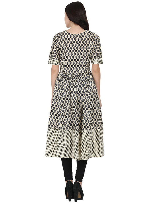 Beige & Blue Printed Half Sleeve Cotton Anarkali Kurta | LASVINI - Redefining Indian Fashion with Elegance