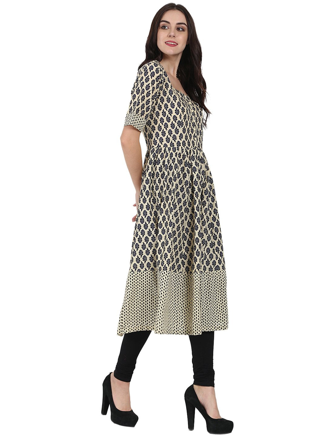 Beige & Blue Printed Half Sleeve Cotton Anarkali Kurta | LASVINI - Redefining Indian Fashion with Elegance