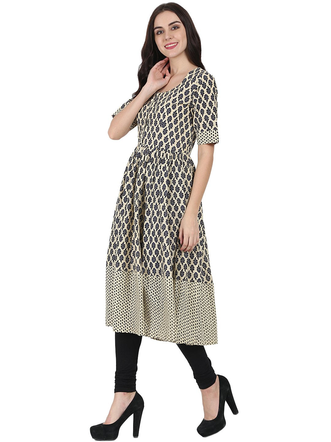 Beige & Blue Printed Half Sleeve Cotton Anarkali Kurta | LASVINI - Redefining Indian Fashion with Elegance