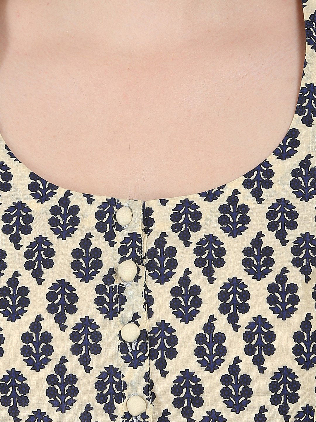 Beige & Blue Printed Half Sleeve Cotton Anarkali Kurta | LASVINI - Redefining Indian Fashion with Elegance