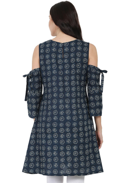 Blue Printed Short Sleeve Cotton Kurta | LASVINI - Redefining Indian Fashion with Elegance