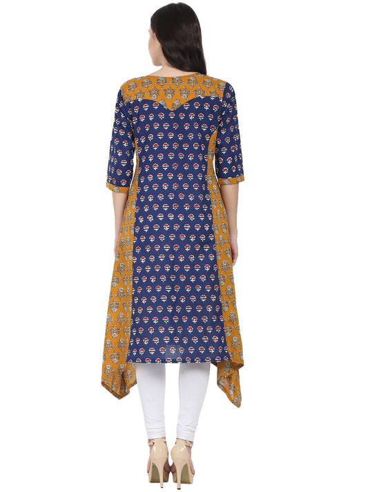 Blue & Yellow Printed 3/4Th Sleeve Cotton A-Line Kurta | LASVINI - Redefining Indian Fashion with Elegance