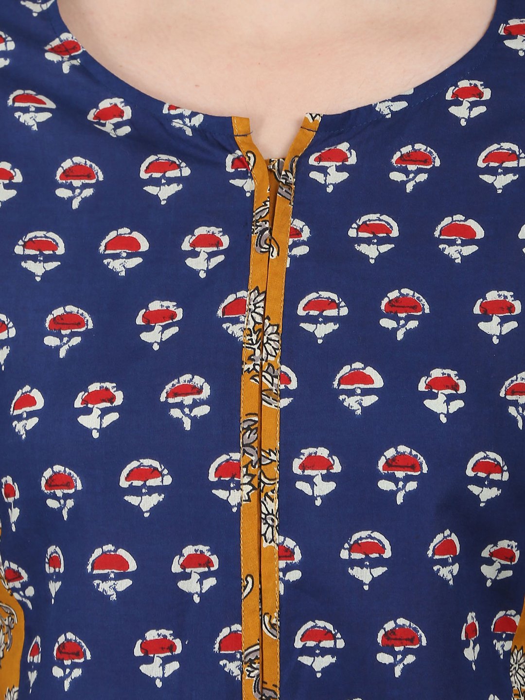 Blue & Yellow Printed 3/4Th Sleeve Cotton A-Line Kurta | LASVINI - Redefining Indian Fashion with Elegance