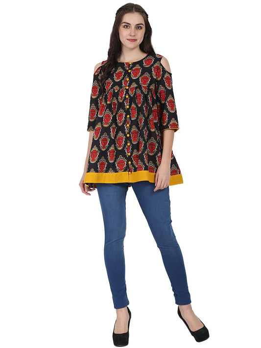 Black & Red Printed 3/4Th Sleeve Cotton Flared Tunics | LASVINI - Redefining Indian Fashion with Elegance
