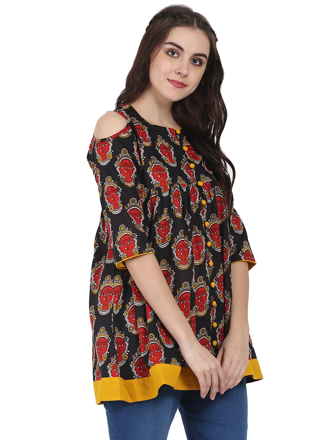 Black & Red Printed 3/4Th Sleeve Cotton Flared Tunics | LASVINI - Redefining Indian Fashion with Elegance