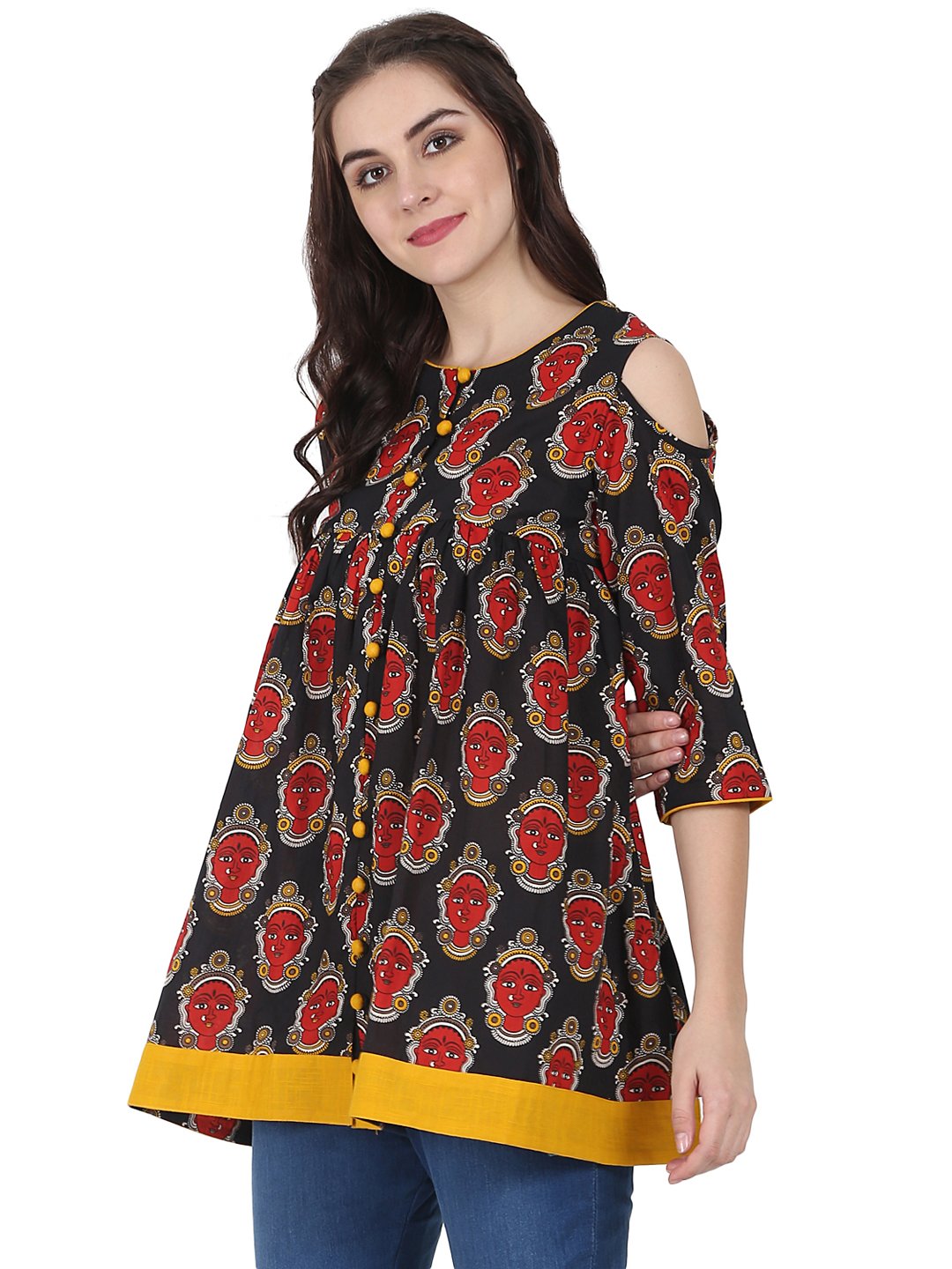 Black & Red Printed 3/4Th Sleeve Cotton Flared Tunics | LASVINI - Redefining Indian Fashion with Elegance