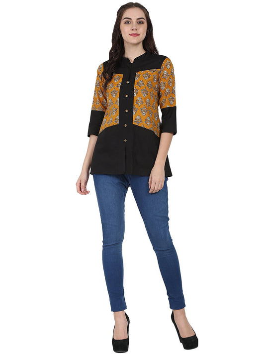 Yellow & Black 3/4Th Sleeve Cotton Tunic | LASVINI - Redefining Indian Fashion with Elegance